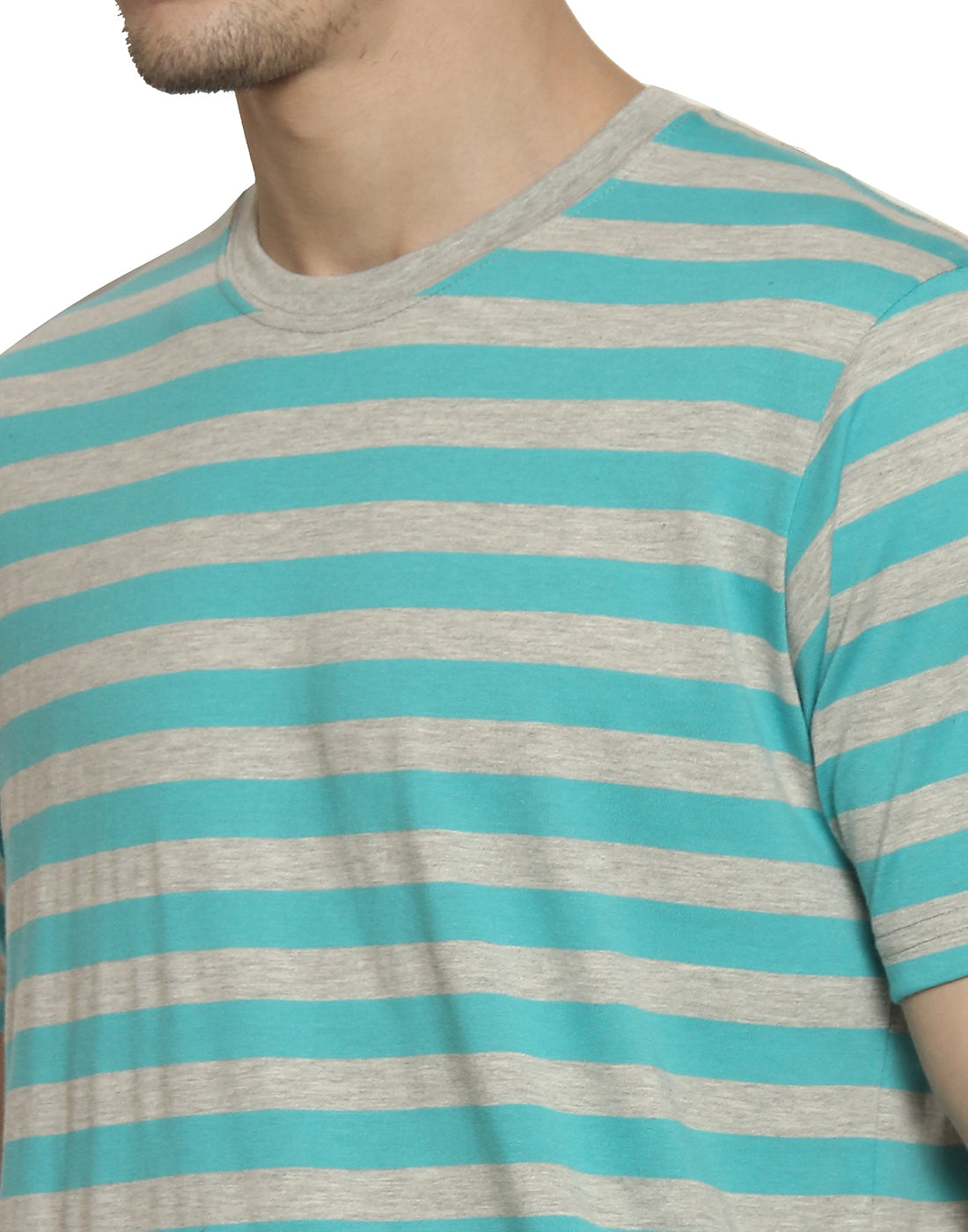 Round Neck Striper T-Shirt For Men- Sea-Green