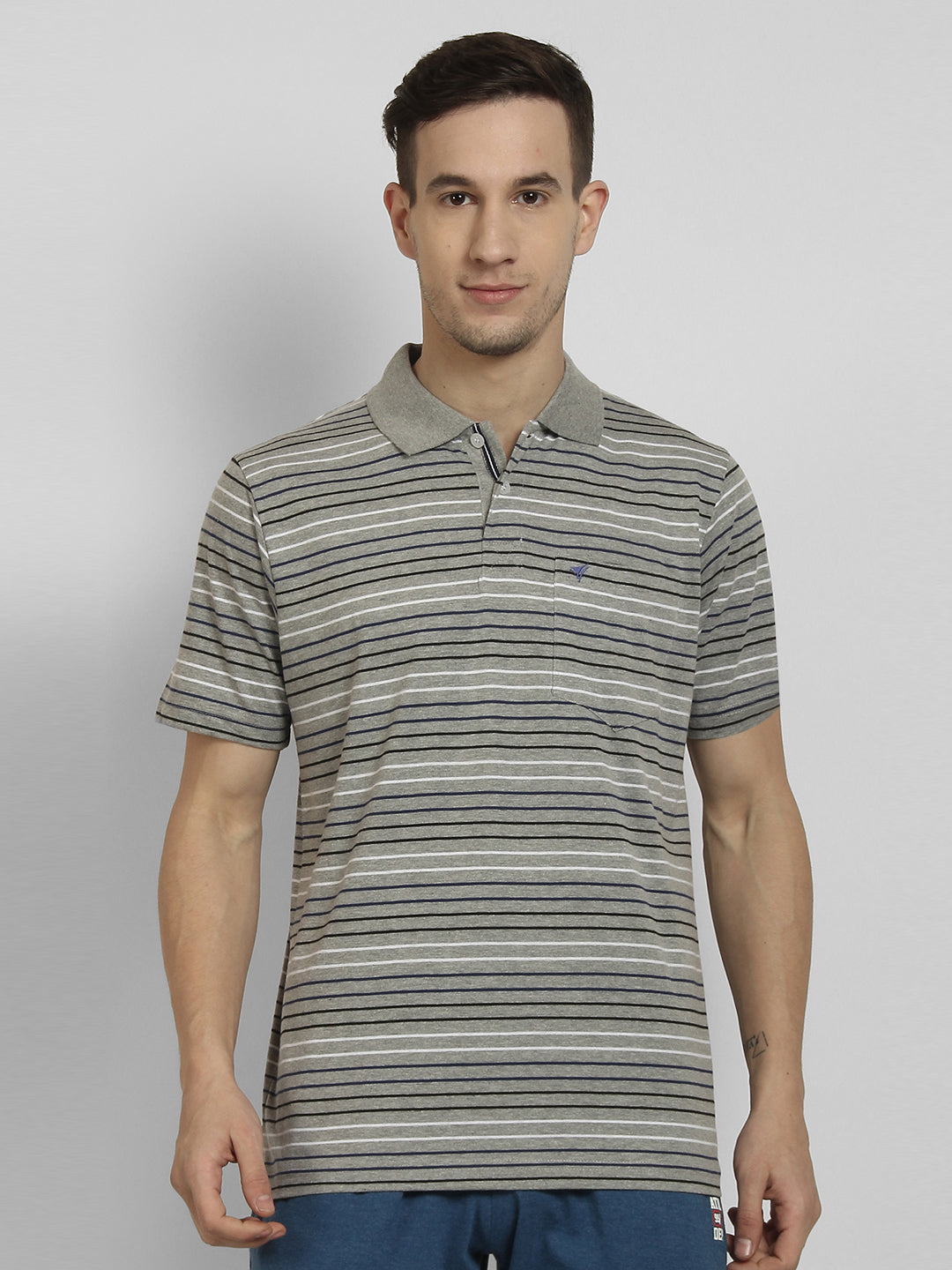Neva Polo Neck Men's T-Shirt in Stripes Pattern Half Sleeve-15%Milange Grey