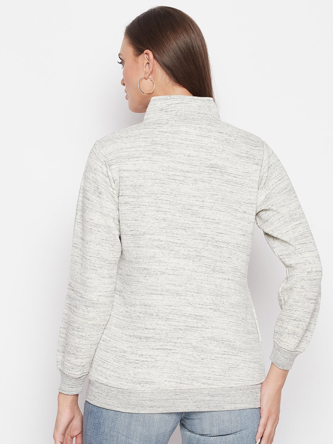 Livfree Women's Mock Collar Full Sleeves Milange Sweatshirt - Acru (Zipper)