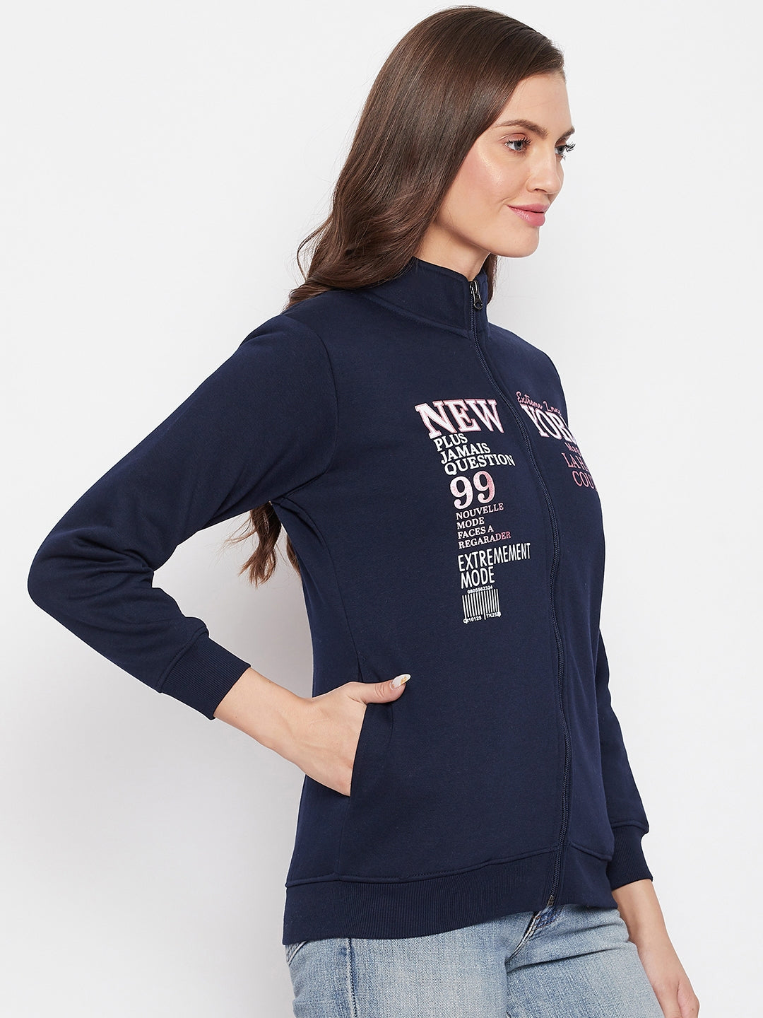 Livfree Women's Mock Collar Full Sleeves Solid Sweatshirt - Navy (Zipper)