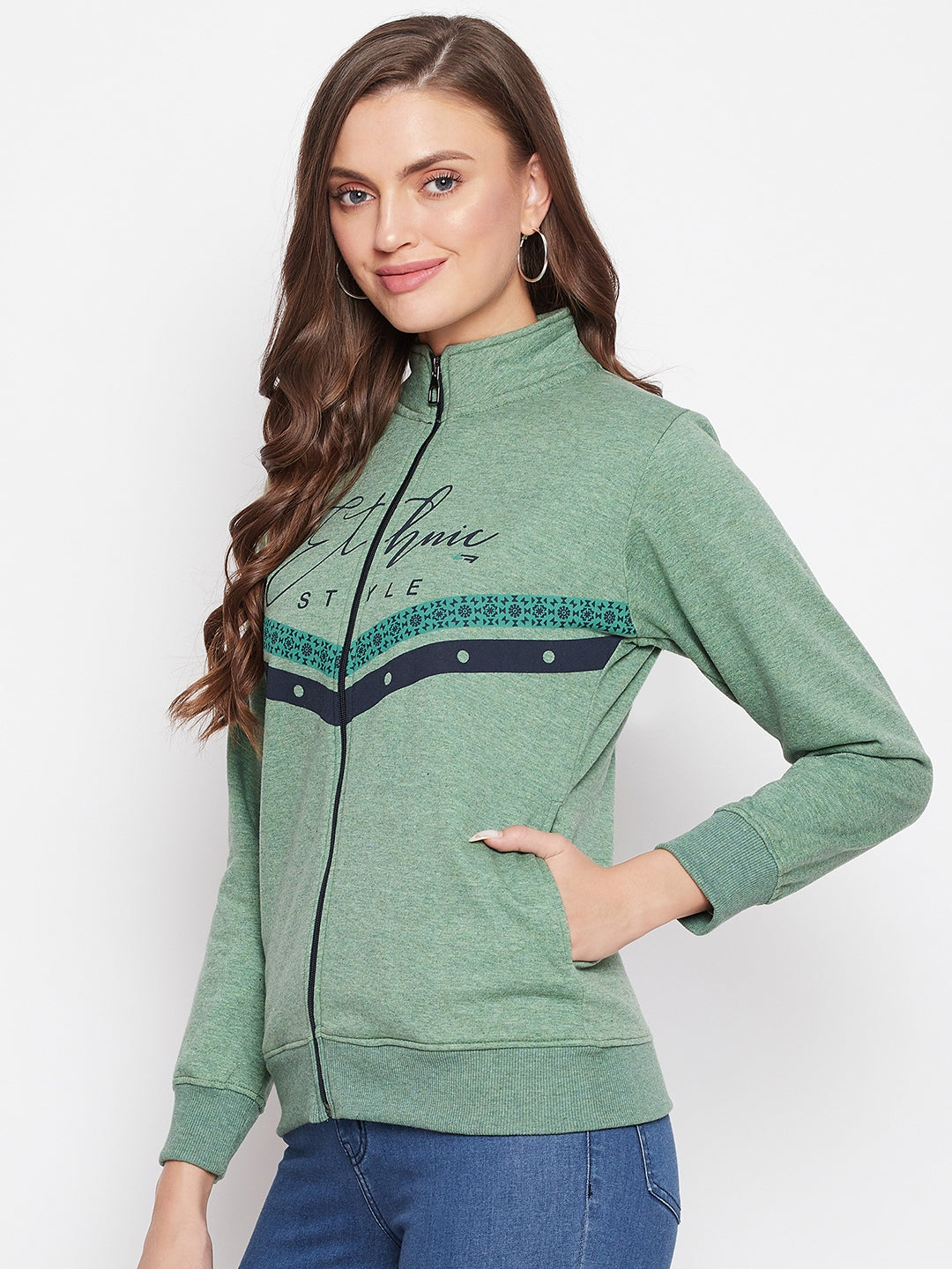 Livfree Women's Mock Collar Full Sleeves Milange Sweatshirt - Green Milange (Zipper)