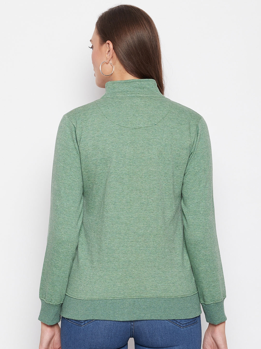 Livfree Women's Mock Collar Full Sleeves Milange Sweatshirt - Green Milange (Zipper)