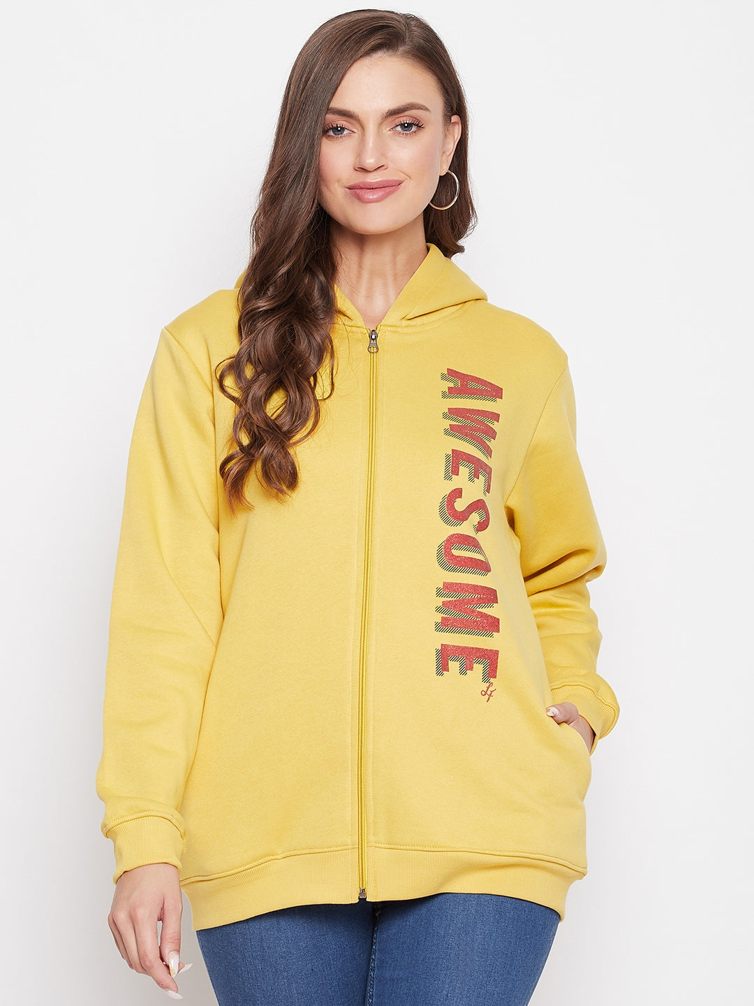 Livfree Women's Hoodie Full Sleeves Solid Sweatshirt - Athletic Gold (Zipper)