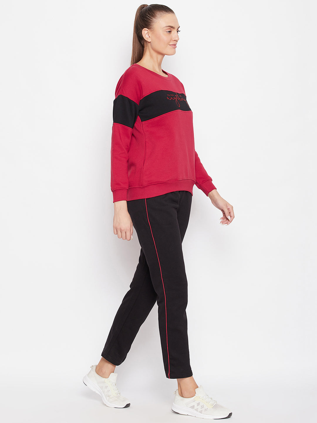 Livfree Women's Round Neck Full Sleeves Color Blocked Tracksuit - Tango Red