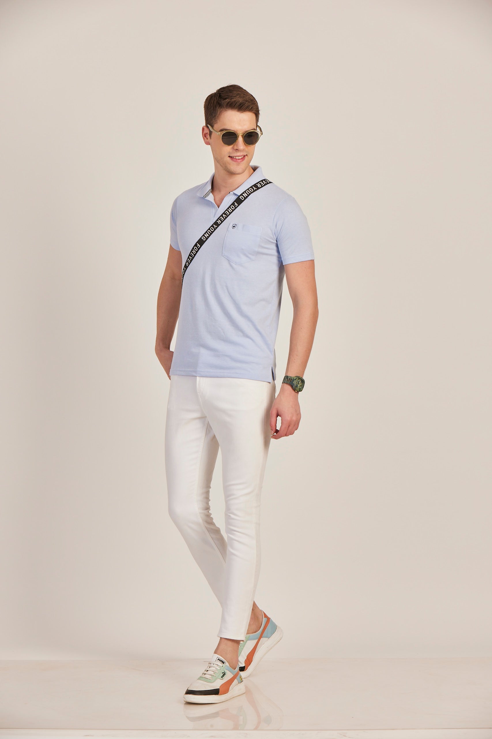 Neva Men's Polo Neck T-Shirt with Chest Pocket-Light Blue Milange