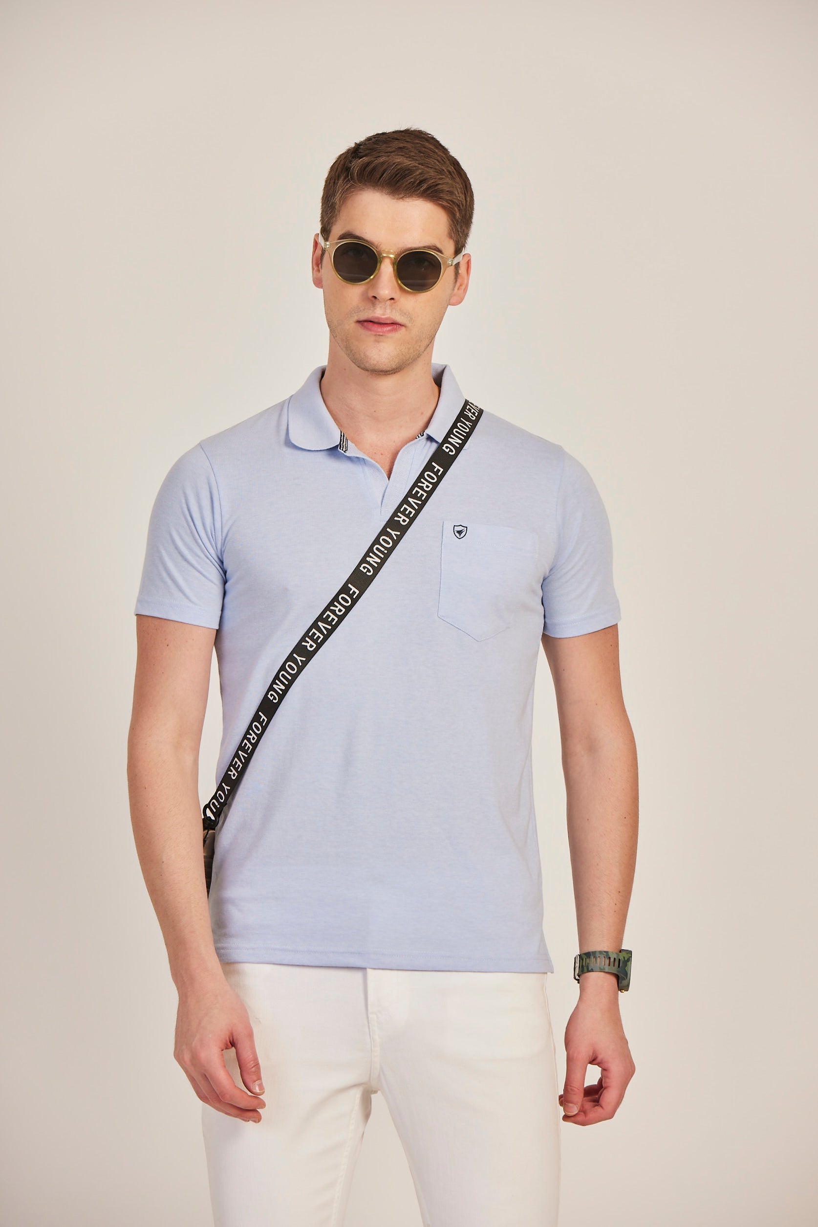 Neva Men's Polo Neck T-Shirt with Chest Pocket-Light Blue Milange