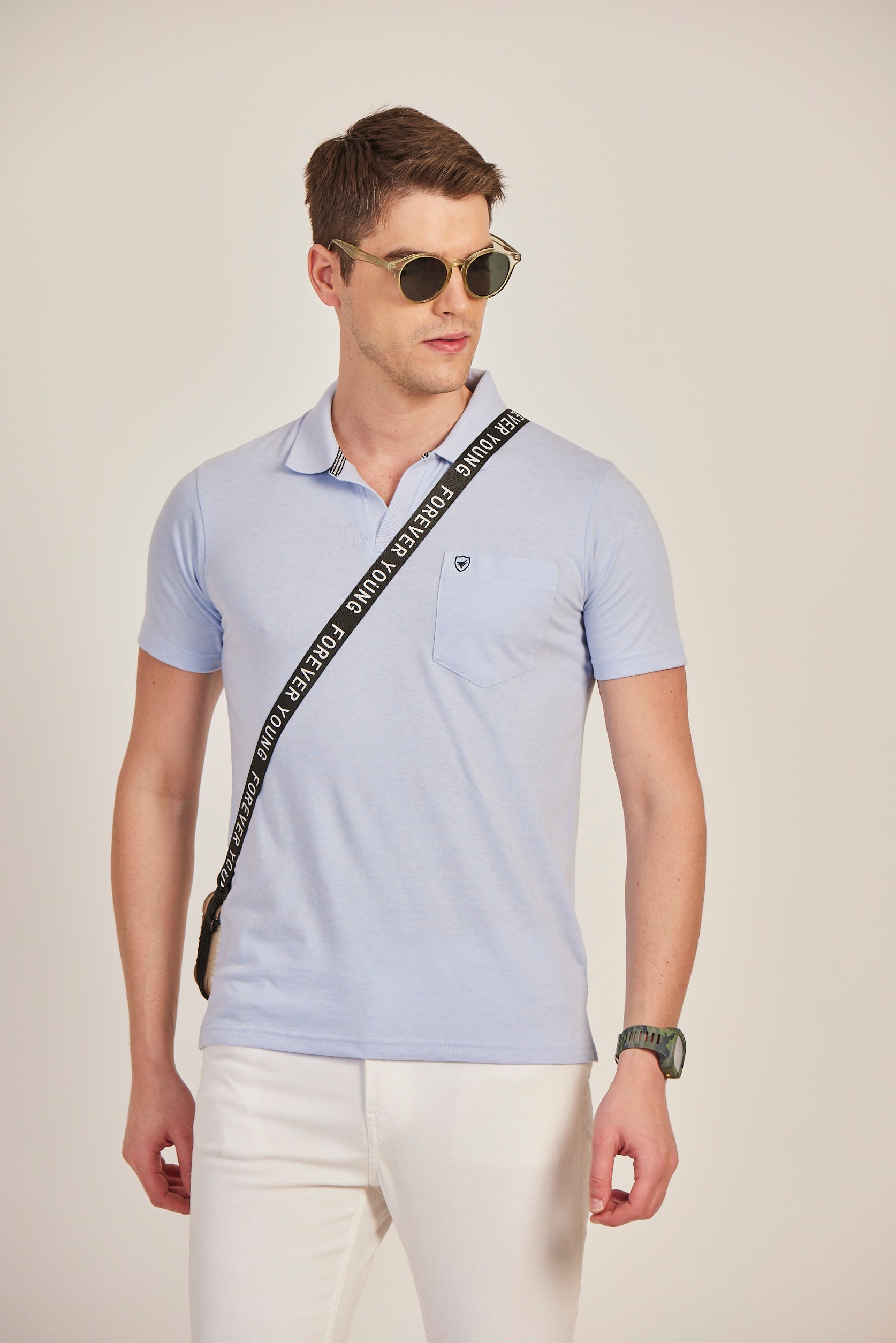Neva Men's Polo Neck T-Shirt with Chest Pocket-Light Blue Milange